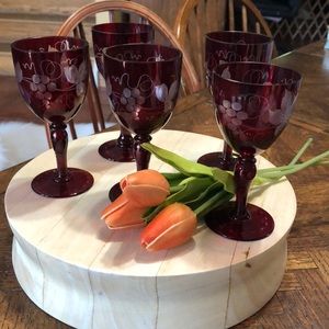 Ruby red bohemian glass cordial glasses. A
